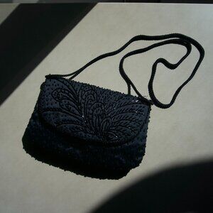 1990s Vintage - Black Beaded Satin Bag
